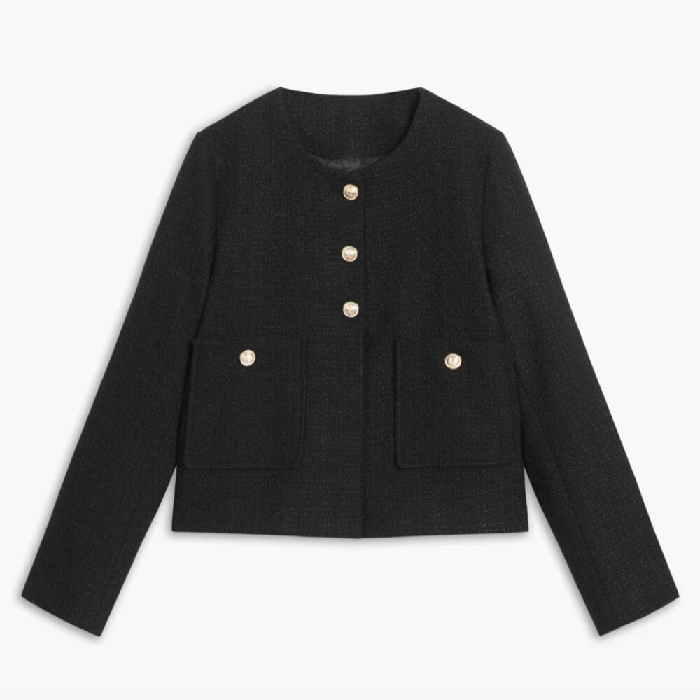 COMMENSE Old Money Aesthetics Black Tweed Jacket with Gold Buttons